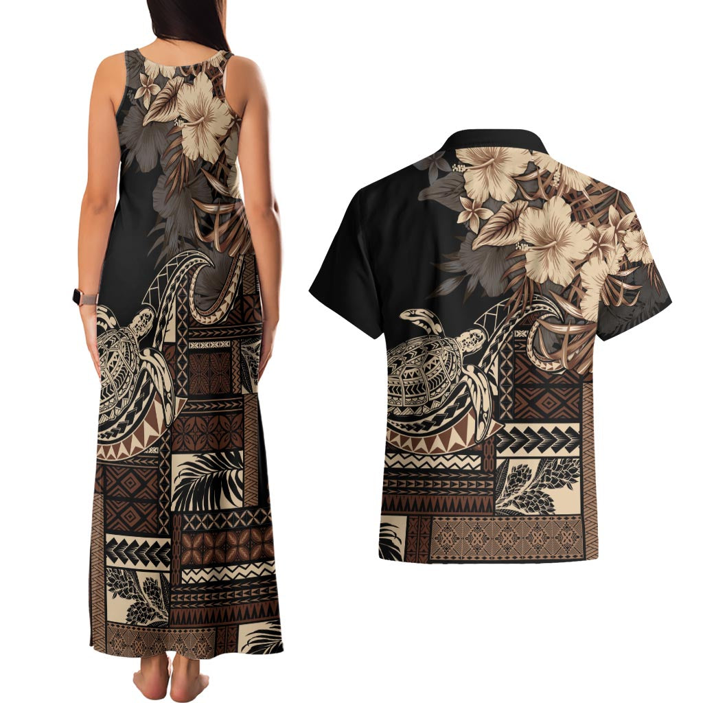 Vaiaso o le Gagana Samoa Couples Matching Tank Maxi Dress and Hawaiian Shirt Siapo Motif Black LT7 - Polynesian Pride
