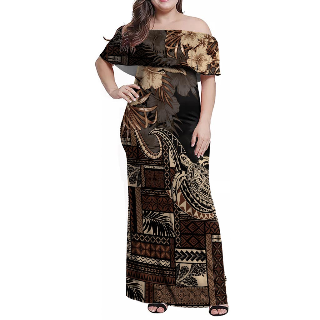 Vaiaso o le Gagana Samoa Family Matching Off Shoulder Maxi Dress and Hawaiian Shirt Siapo Motif Black LT7 Mom's Dress Black - Polynesian Pride