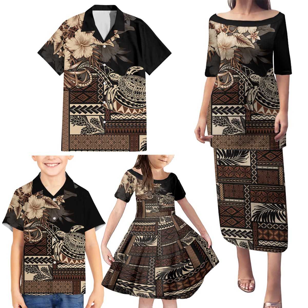 Vaiaso o le Gagana Samoa Family Matching Puletasi and Hawaiian Shirt Siapo Motif Black LT7 - Polynesian Pride