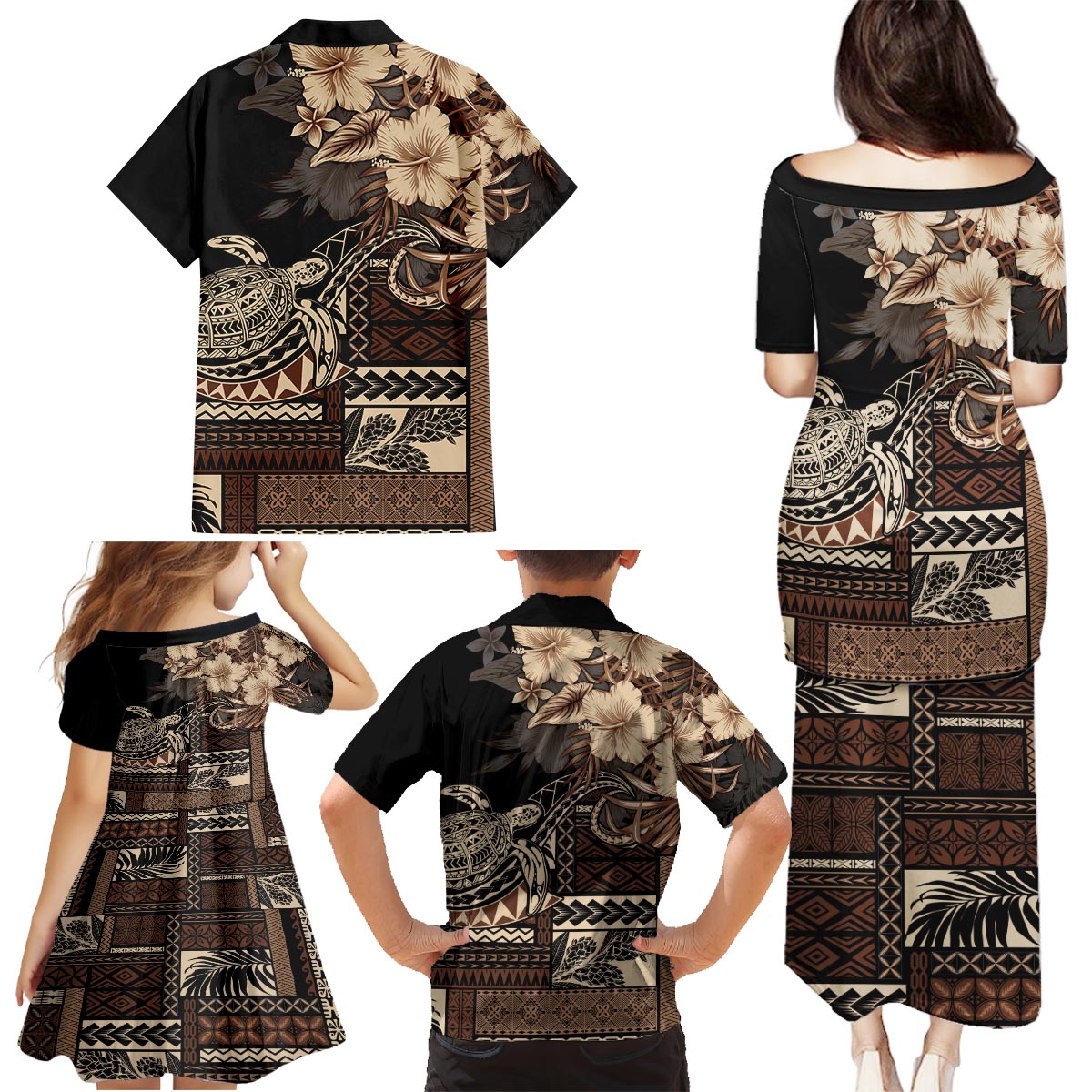 Vaiaso o le Gagana Samoa Family Matching Puletasi and Hawaiian Shirt Siapo Motif Black LT7 - Polynesian Pride