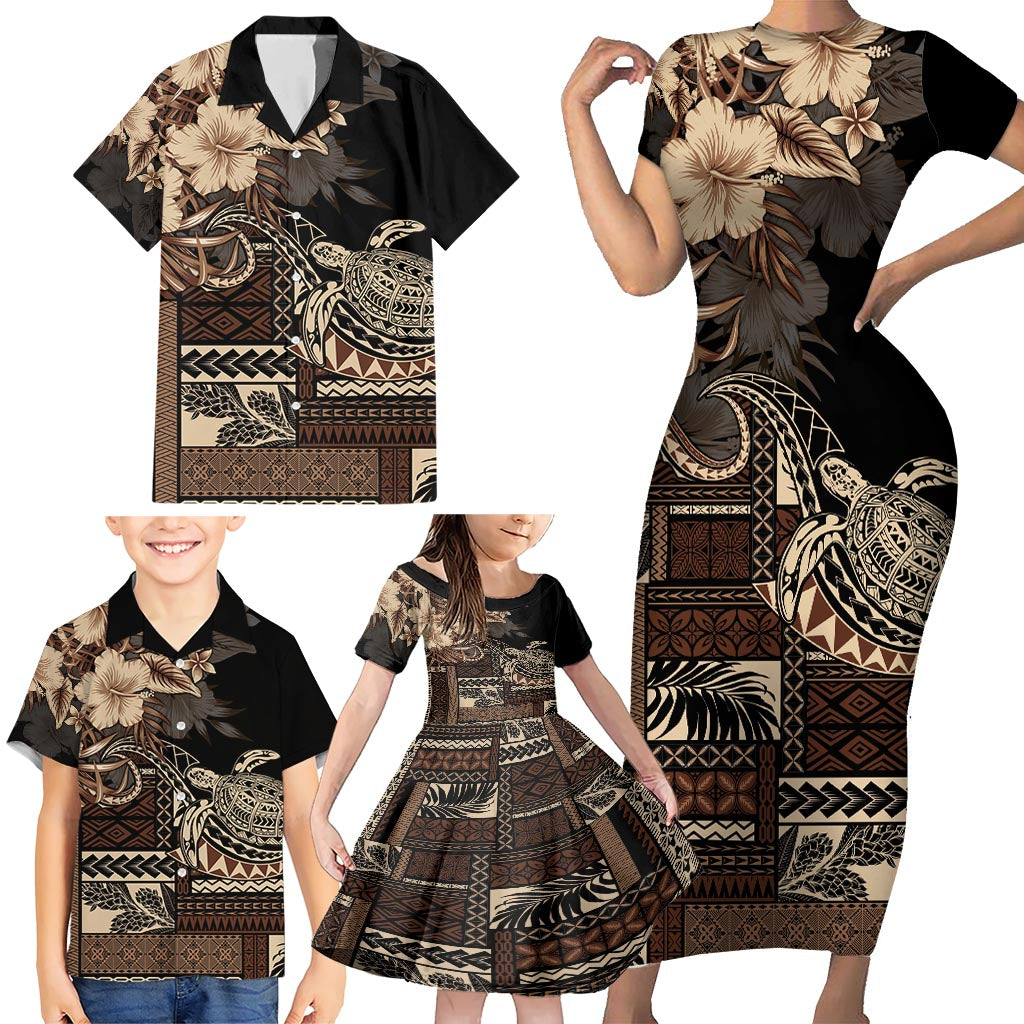 Vaiaso o le Gagana Samoa Family Matching Short Sleeve Bodycon Dress and Hawaiian Shirt Siapo Motif Black LT7 - Polynesian Pride