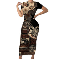 Vaiaso o le Gagana Samoa Family Matching Short Sleeve Bodycon Dress and Hawaiian Shirt Siapo Motif Black LT7 Mom's Dress Black - Polynesian Pride