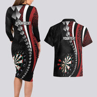 Personalized New Zealand Darts Couples Matching Long Sleeve Bodycon Dress and Hawaiian Shirt Kowhaiwhai Whero Koiri - Manaia LT7 - Polynesian Pride