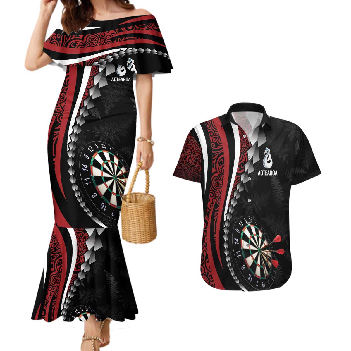 Personalized New Zealand Darts Couples Matching Mermaid Dress and Hawaiian Shirt Kowhaiwhai Whero Koiri - Manaia