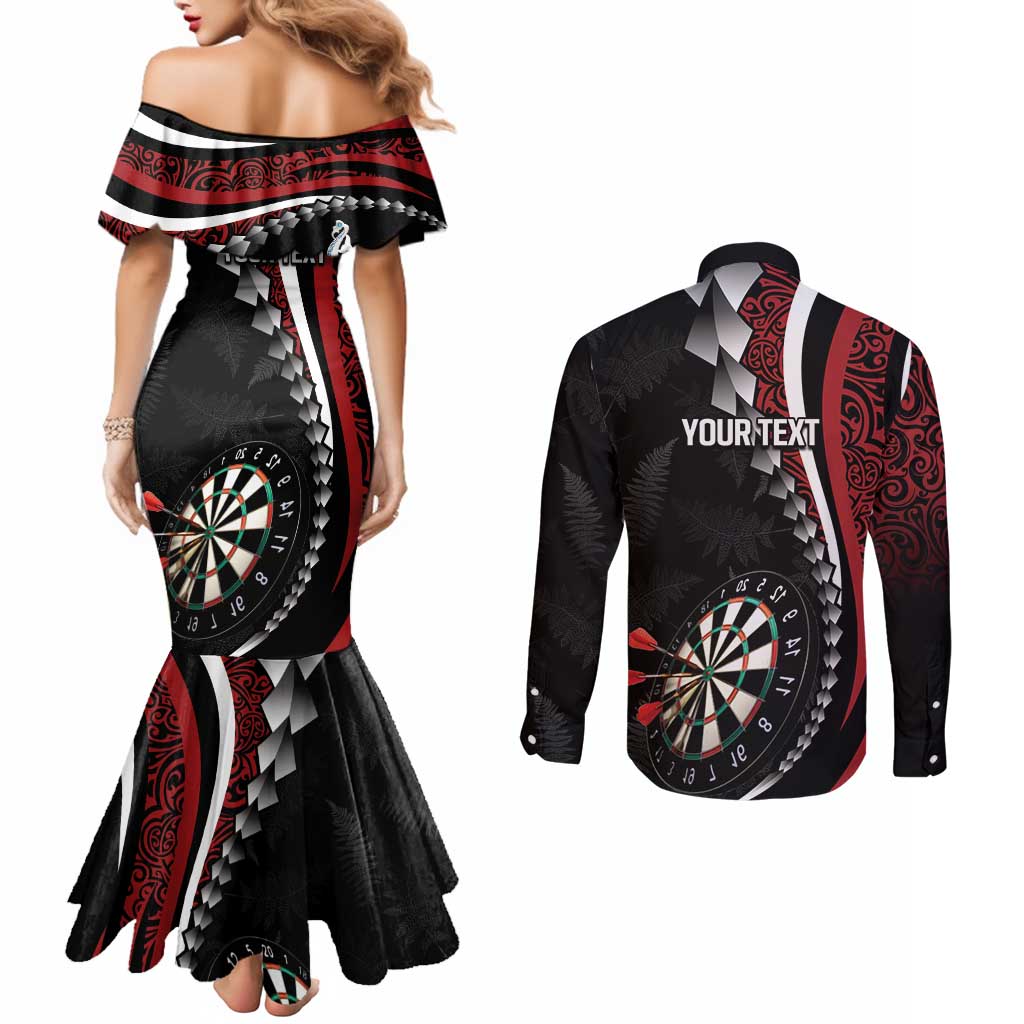 Personalized New Zealand Darts Couples Matching Mermaid Dress and Long Sleeve Button Shirt Kowhaiwhai Whero Koiri - Manaia LT7 - Polynesian Pride