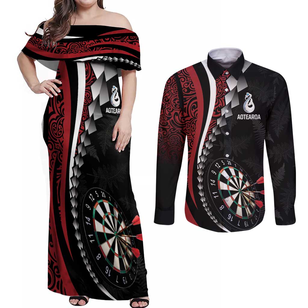 Personalized New Zealand Darts Couples Matching Off Shoulder Maxi Dress and Long Sleeve Button Shirt Kowhaiwhai Whero Koiri - Manaia LT7 Red - Polynesian Pride