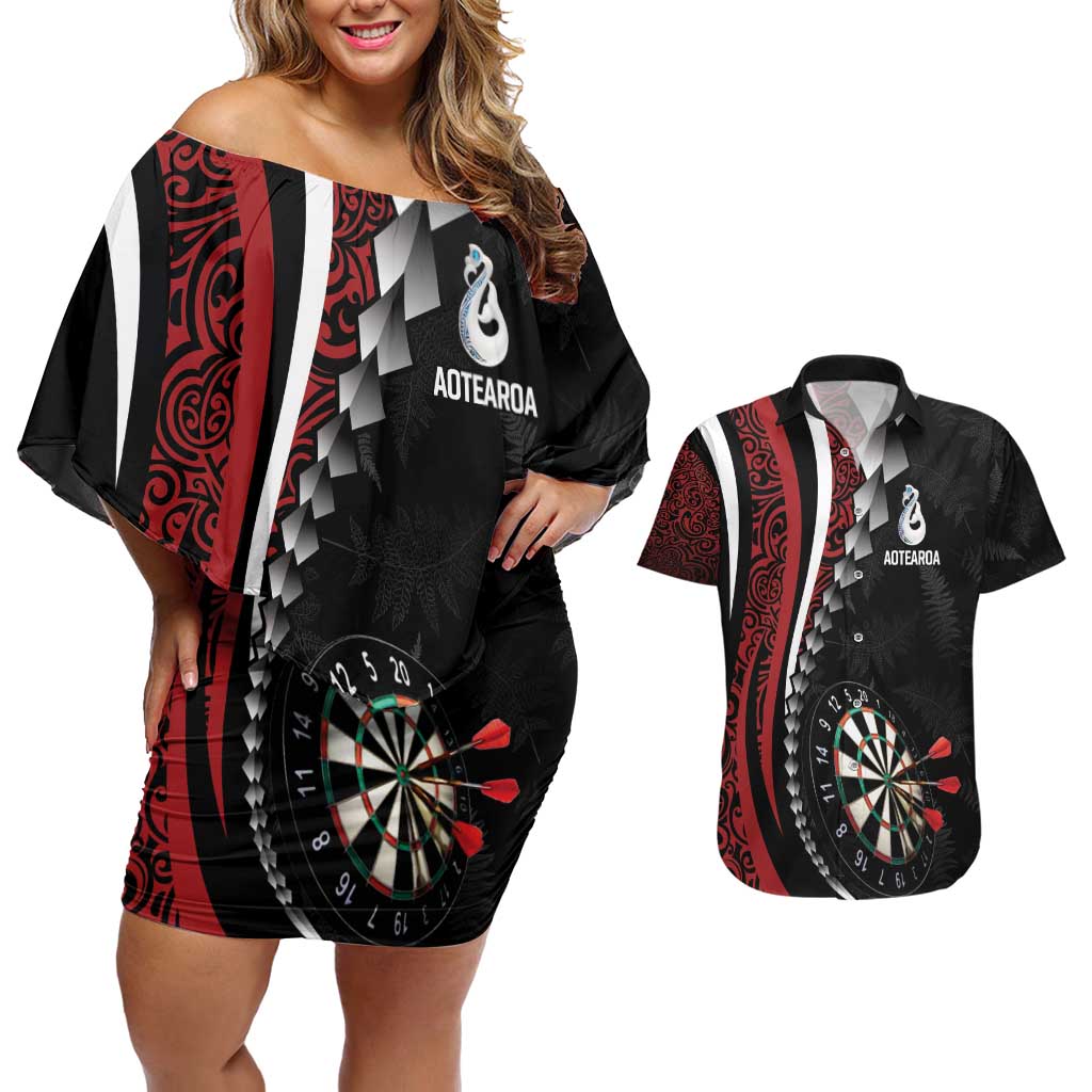 Personalized New Zealand Darts Couples Matching Off Shoulder Short Dress and Hawaiian Shirt Kowhaiwhai Whero Koiri - Manaia LT7 Red - Polynesian Pride