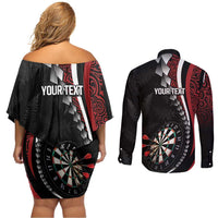 Personalized New Zealand Darts Couples Matching Off Shoulder Short Dress and Long Sleeve Button Shirt Kowhaiwhai Whero Koiri - Manaia LT7 - Polynesian Pride
