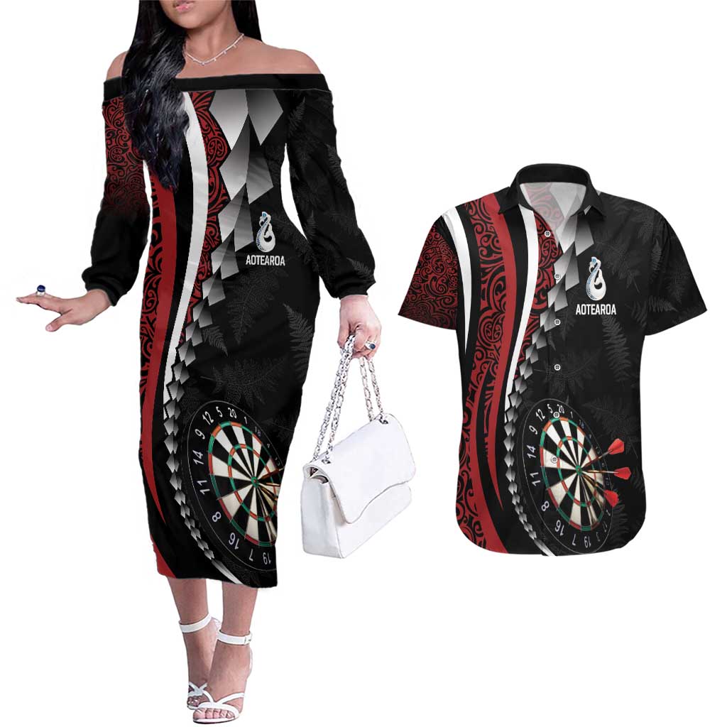 Personalized New Zealand Darts Couples Matching Off The Shoulder Long Sleeve Dress and Hawaiian Shirt Kowhaiwhai Whero Koiri - Manaia LT7 Red - Polynesian Pride