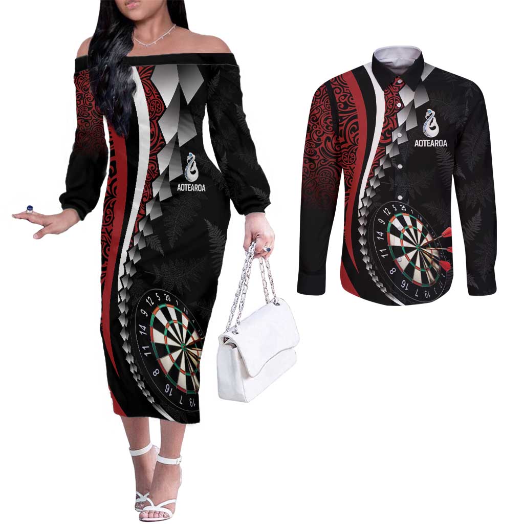 Personalized New Zealand Darts Couples Matching Off The Shoulder Long Sleeve Dress and Long Sleeve Button Shirt Kowhaiwhai Whero Koiri - Manaia