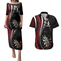 Personalized New Zealand Darts Couples Matching Puletasi and Hawaiian Shirt Kowhaiwhai Whero Koiri - Manaia LT7 Red - Polynesian Pride