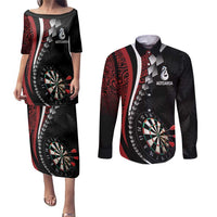 Personalized New Zealand Darts Couples Matching Puletasi and Long Sleeve Button Shirt Kowhaiwhai Whero Koiri - Manaia LT7 Red - Polynesian Pride