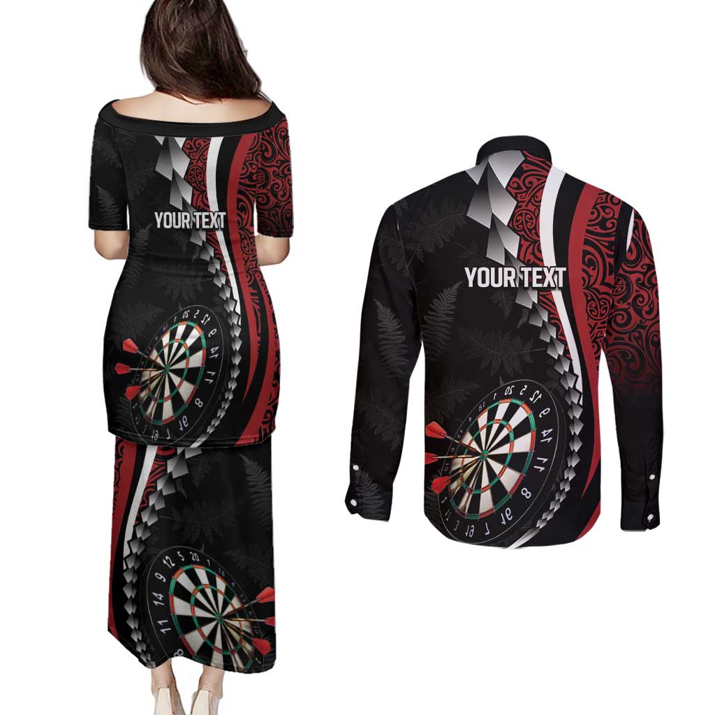 Personalized New Zealand Darts Couples Matching Puletasi and Long Sleeve Button Shirt Kowhaiwhai Whero Koiri - Manaia LT7 - Polynesian Pride
