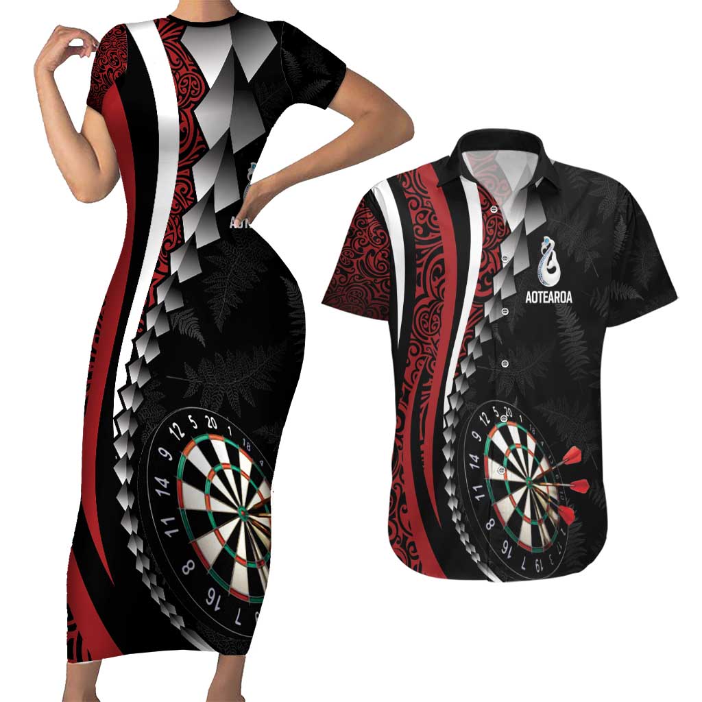 Personalized New Zealand Darts Couples Matching Short Sleeve Bodycon Dress and Hawaiian Shirt Kowhaiwhai Whero Koiri - Manaia LT7 Red - Polynesian Pride