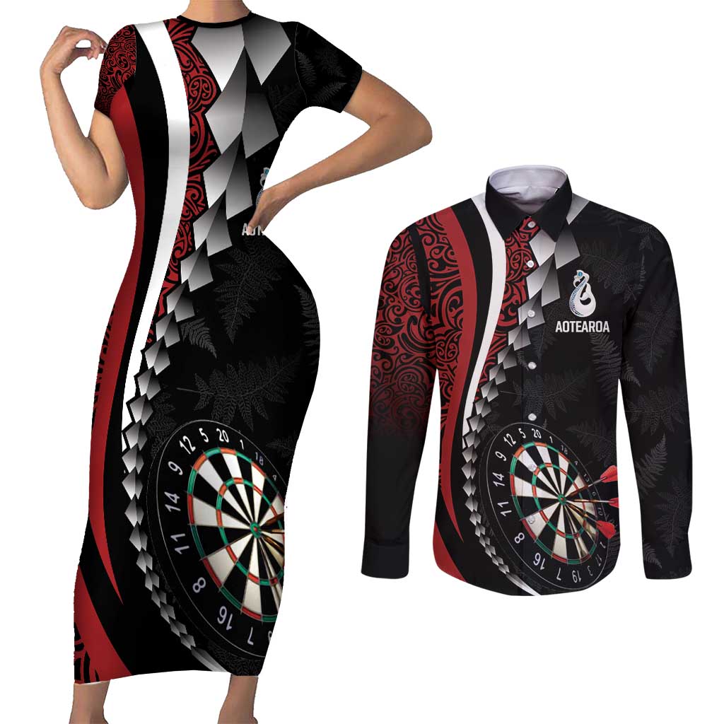 Personalized New Zealand Darts Couples Matching Short Sleeve Bodycon Dress and Long Sleeve Button Shirt Kowhaiwhai Whero Koiri - Manaia LT7 Red - Polynesian Pride
