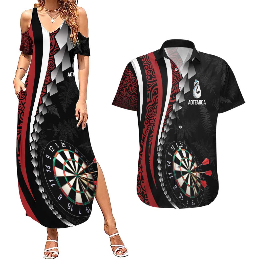 Personalized New Zealand Darts Couples Matching Summer Maxi Dress and Hawaiian Shirt Kowhaiwhai Whero Koiri - Manaia LT7 Red - Polynesian Pride