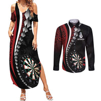 Personalized New Zealand Darts Couples Matching Summer Maxi Dress and Long Sleeve Button Shirt Kowhaiwhai Whero Koiri - Manaia LT7 Red - Polynesian Pride