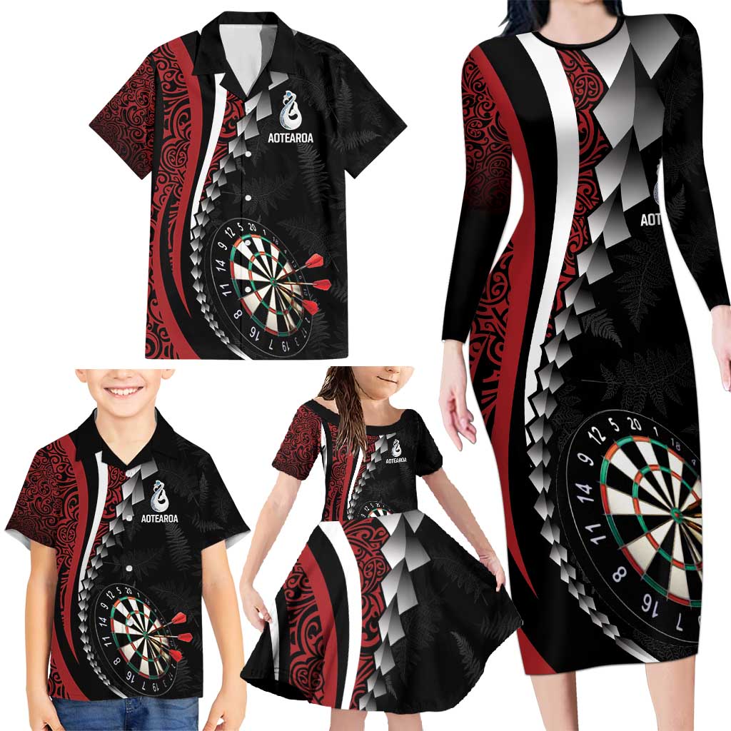 Personalized New Zealand Darts Family Matching Long Sleeve Bodycon Dress and Hawaiian Shirt Kowhaiwhai Whero Koiri - Manaia LT7 - Polynesian Pride