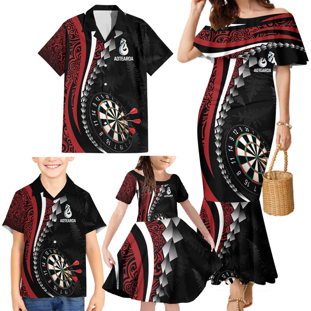 Personalized New Zealand Darts Family Matching Mermaid Dress and Hawaiian Shirt Kowhaiwhai Whero Koiri - Manaia LT7 - Polynesian Pride