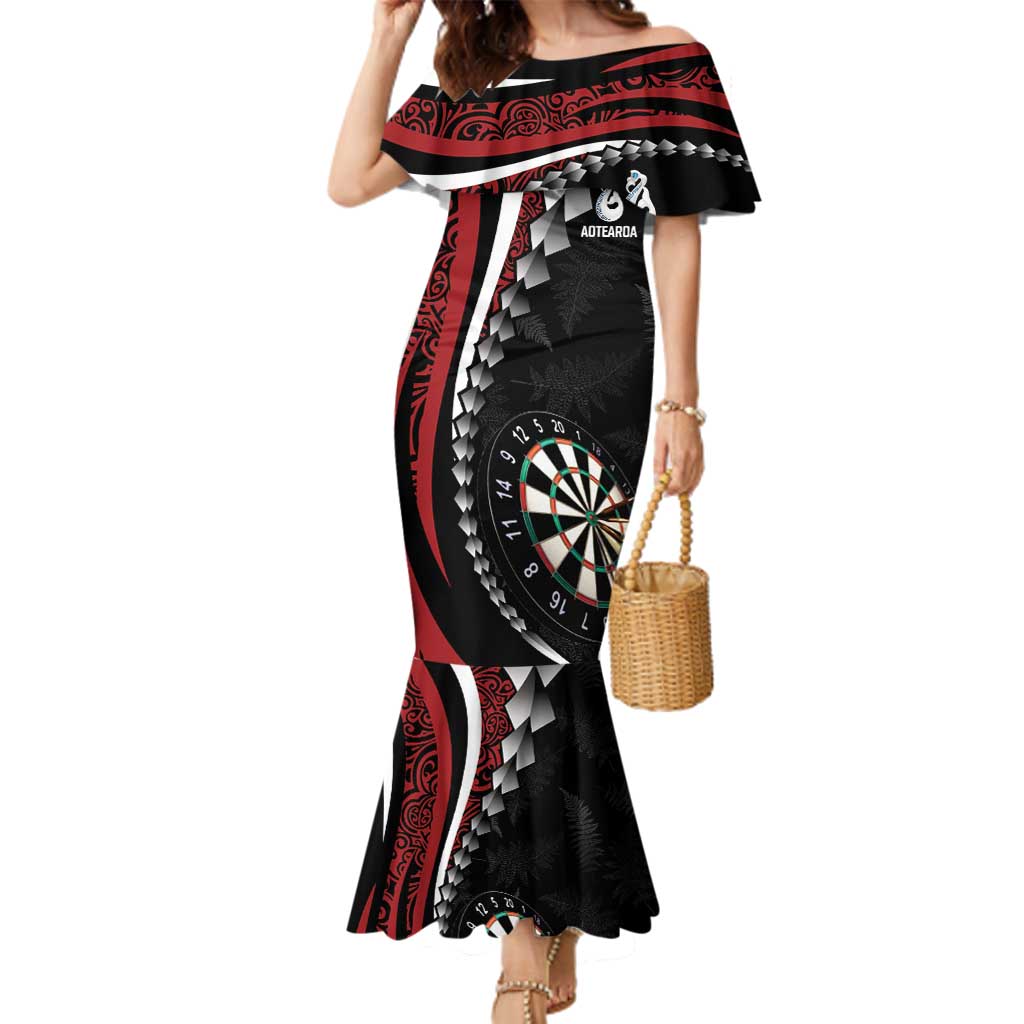 Personalized New Zealand Darts Family Matching Mermaid Dress and Hawaiian Shirt Kowhaiwhai Whero Koiri - Manaia LT7 Mom's Dress Red - Polynesian Pride