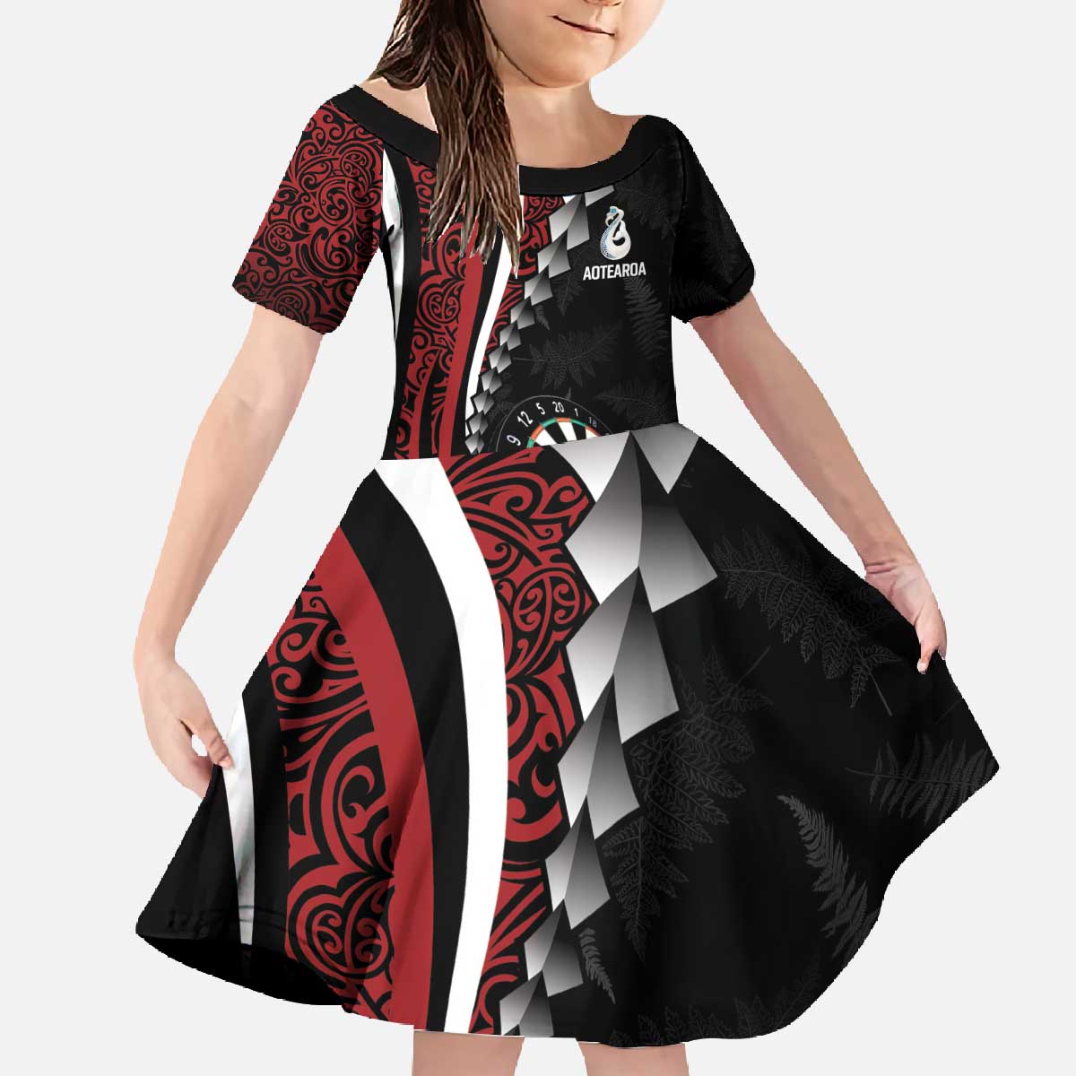 Personalized New Zealand Darts Family Matching Off The Shoulder Long Sleeve Dress and Hawaiian Shirt Kowhaiwhai Whero Koiri - Manaia LT7 Daughter's Dress Red - Polynesian Pride