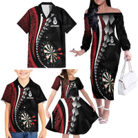 Personalized New Zealand Darts Family Matching Off The Shoulder Long Sleeve Dress and Hawaiian Shirt Kowhaiwhai Whero Koiri - Manaia LT7 - Polynesian Pride