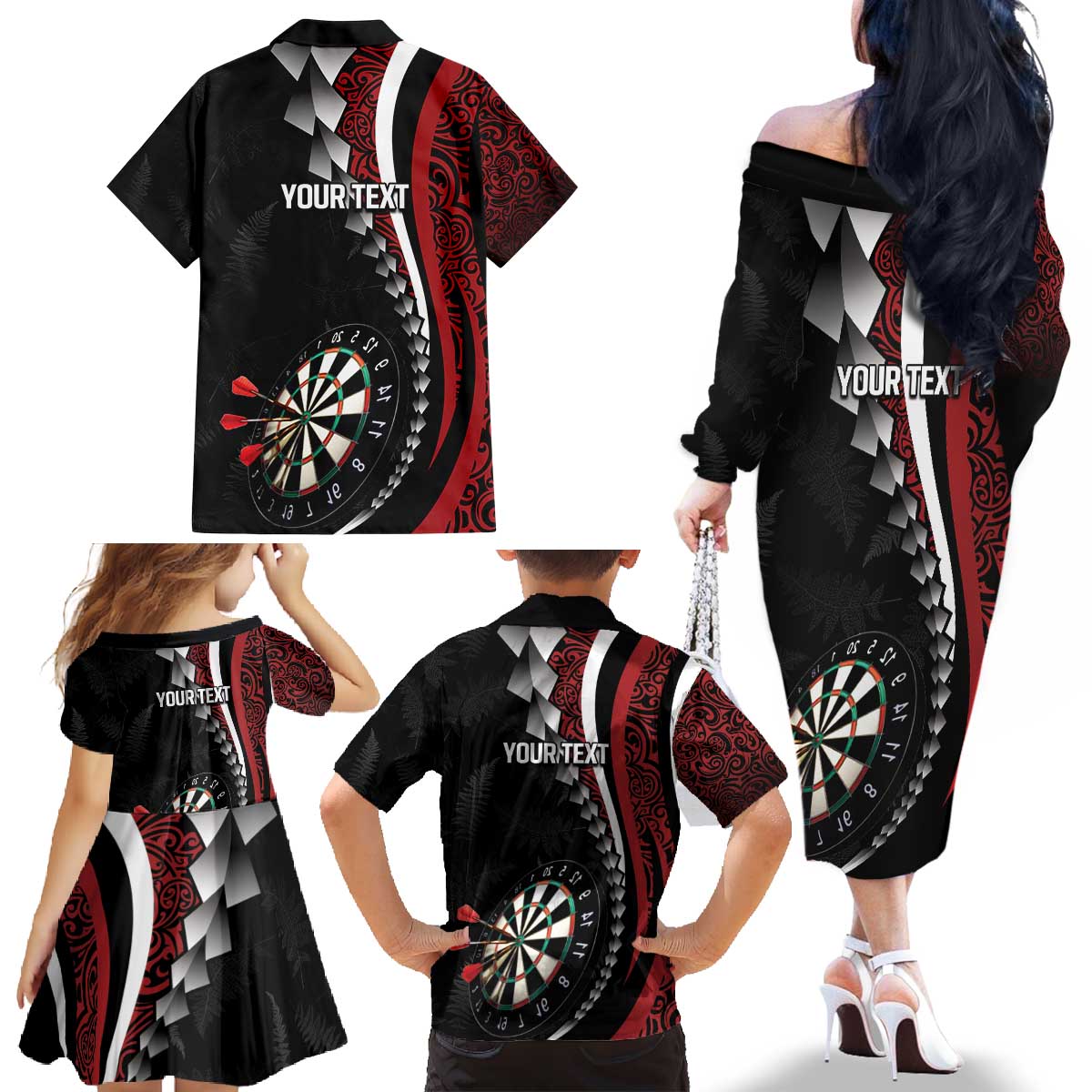 Personalized New Zealand Darts Family Matching Off The Shoulder Long Sleeve Dress and Hawaiian Shirt Kowhaiwhai Whero Koiri - Manaia LT7 - Polynesian Pride