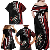Personalized New Zealand Darts Family Matching Off Shoulder Maxi Dress and Hawaiian Shirt Kowhaiwhai Whero Koiri - Manaia LT7 - Polynesian Pride