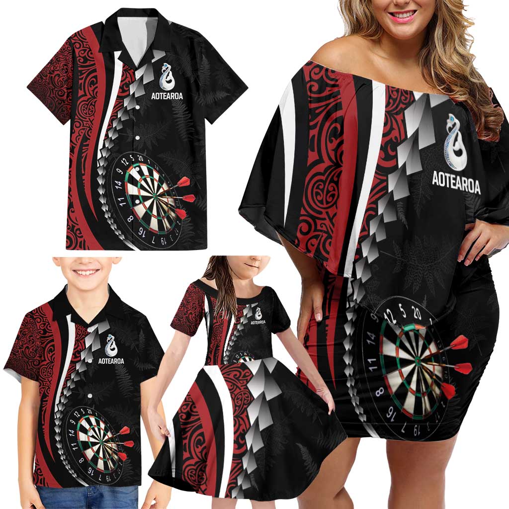 Personalized New Zealand Darts Family Matching Off Shoulder Short Dress and Hawaiian Shirt Kowhaiwhai Whero Koiri - Manaia LT7 - Polynesian Pride
