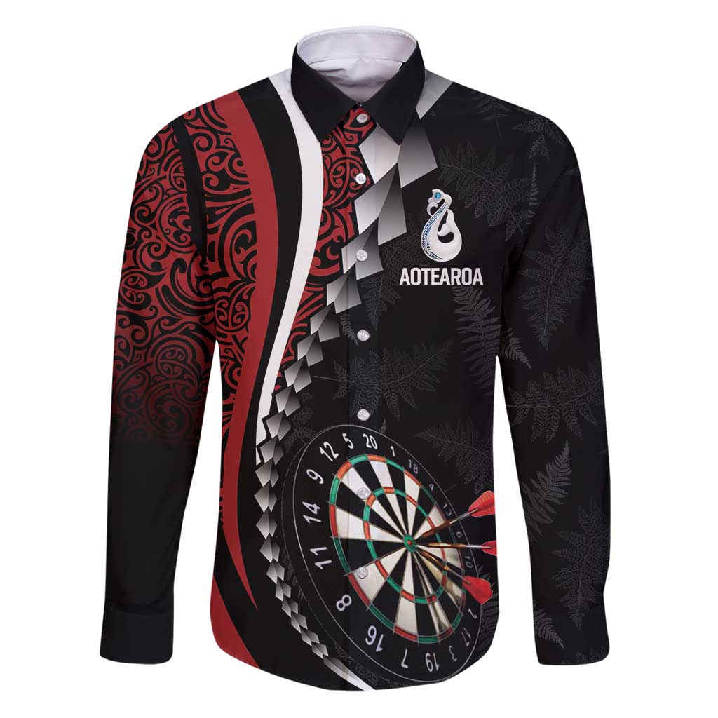 Personalized New Zealand Darts Family Matching Puletasi and Hawaiian Shirt Kowhaiwhai Whero Koiri - Manaia LT7 Dad's Shirt - Long Sleeve Red - Polynesian Pride