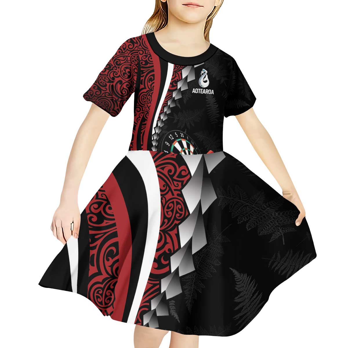 Personalized New Zealand Darts Kid Short Sleeve Dress Kowhaiwhai Whero Koiri - Manaia LT7 - Polynesian Pride