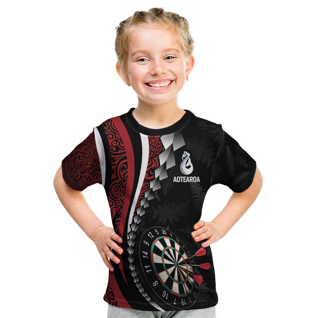 Personalized New Zealand Darts Kid T Shirt Kowhaiwhai Whero Koiri - Manaia LT7 Red - Polynesian Pride
