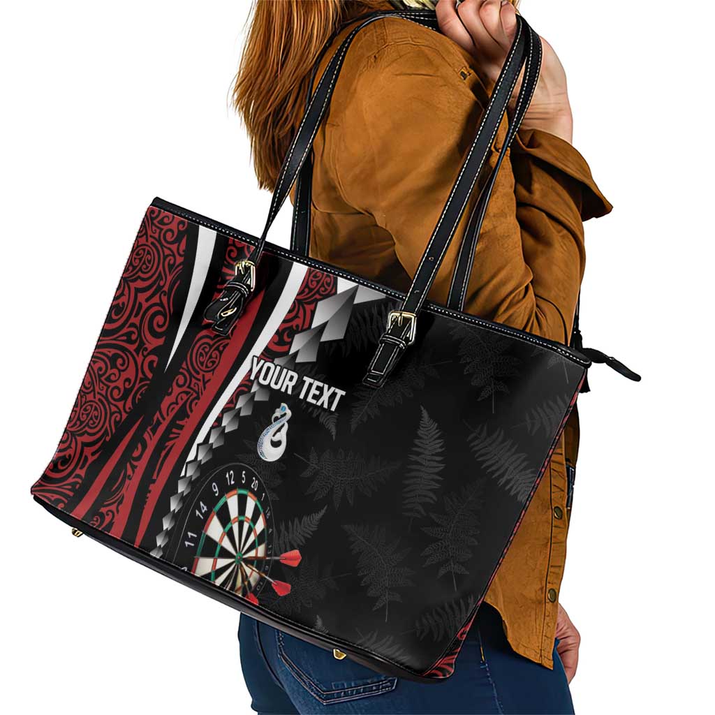 Personalized New Zealand Darts Leather Tote Bag Kowhaiwhai Whero Koiri - Manaia