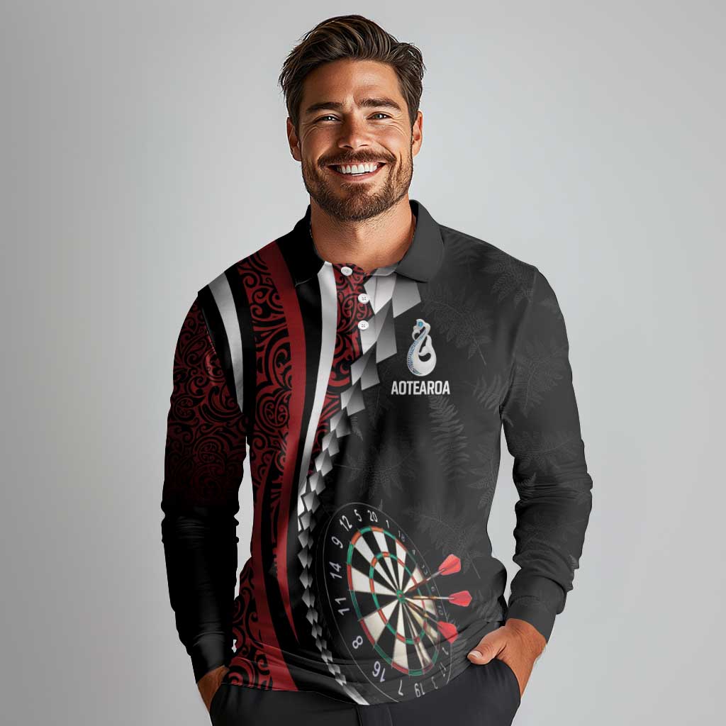 Personalized New Zealand Darts Long Sleeve Polo Shirt Kowhaiwhai Whero Koiri - Manaia LT7 - Polynesian Pride