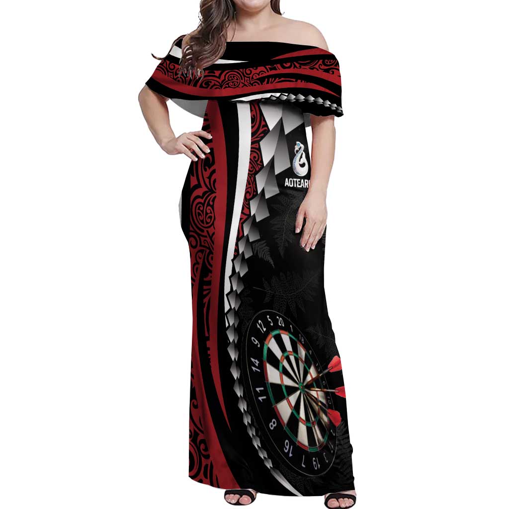 Personalized New Zealand Darts Off Shoulder Maxi Dress Kowhaiwhai Whero Koiri - Manaia LT7 Women Red - Polynesian Pride