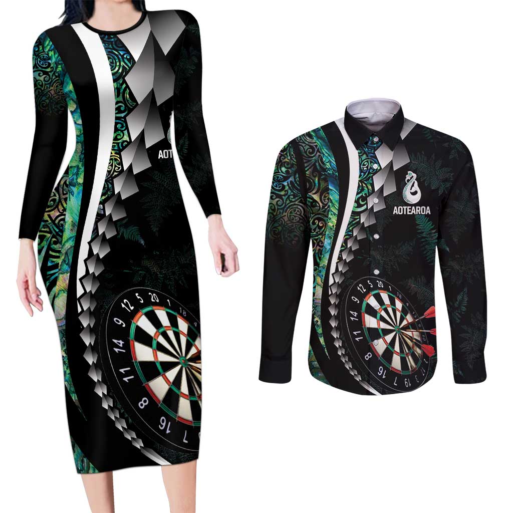 Personalized New Zealand Darts Couples Matching Long Sleeve Bodycon Dress and Long Sleeve Button Shirt Paua Shell Koiri - Manaia LT7 Green - Polynesian Pride