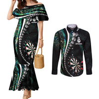 Personalized New Zealand Darts Couples Matching Mermaid Dress and Long Sleeve Button Shirt Paua Shell Koiri - Manaia LT7 Green - Polynesian Pride