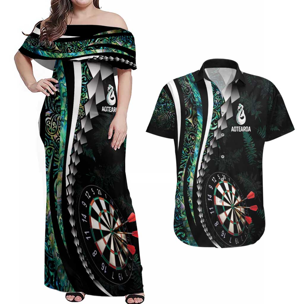 Personalized New Zealand Darts Couples Matching Off Shoulder Maxi Dress and Hawaiian Shirt Paua Shell Koiri - Manaia LT7 Green - Polynesian Pride