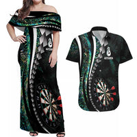 Personalized New Zealand Darts Couples Matching Off Shoulder Maxi Dress and Hawaiian Shirt Paua Shell Koiri - Manaia LT7 Green - Polynesian Pride