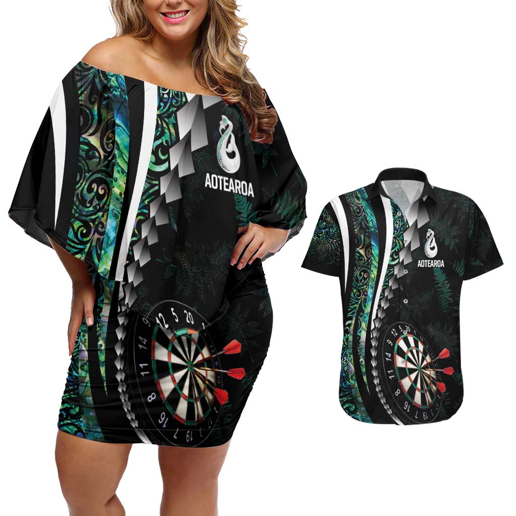 Personalized New Zealand Darts Couples Matching Off Shoulder Short Dress and Hawaiian Shirt Paua Shell Koiri - Manaia LT7 Green - Polynesian Pride