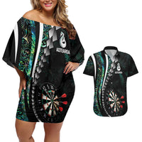 Personalized New Zealand Darts Couples Matching Off Shoulder Short Dress and Hawaiian Shirt Paua Shell Koiri - Manaia LT7 Green - Polynesian Pride