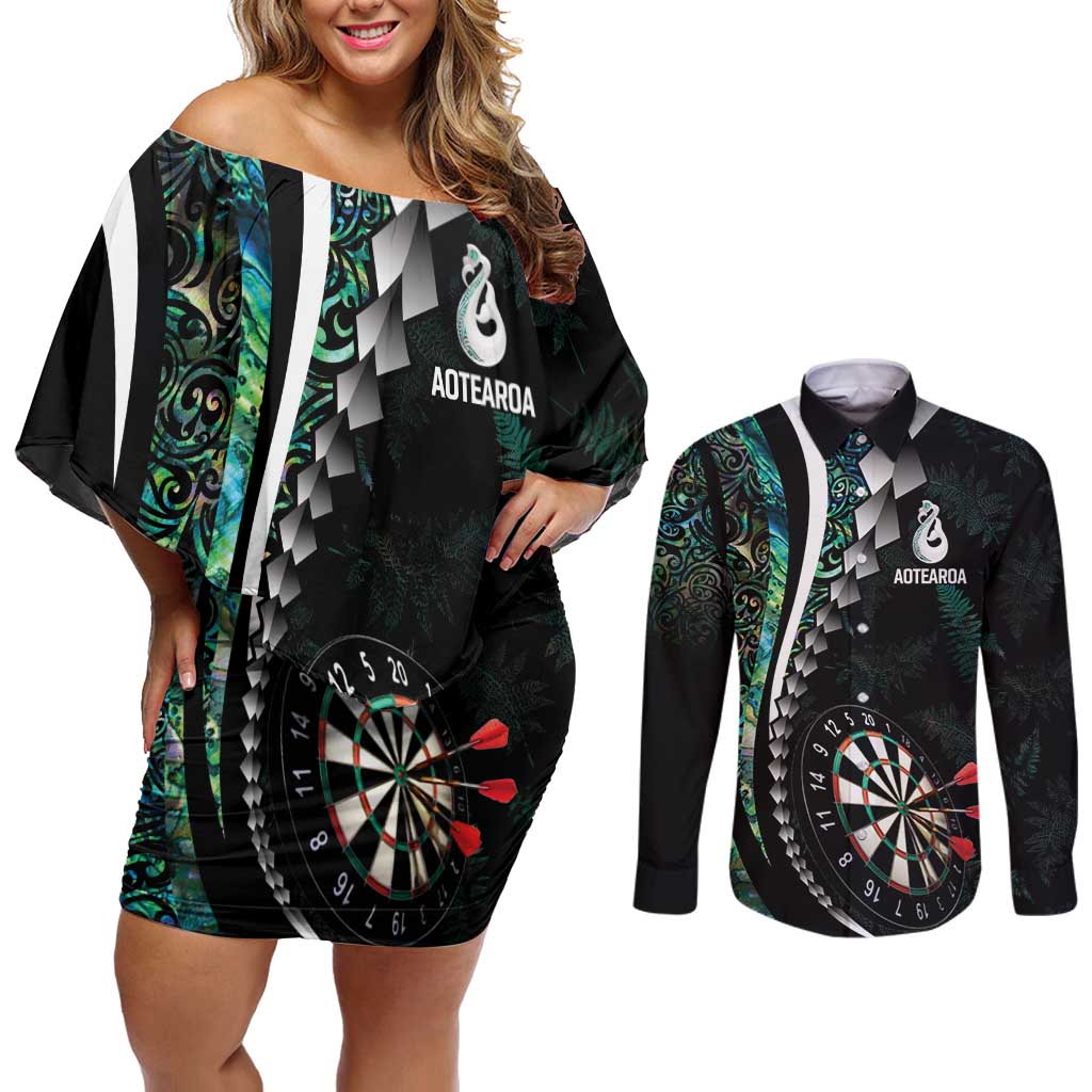 Personalized New Zealand Darts Couples Matching Off Shoulder Short Dress and Long Sleeve Button Shirt Paua Shell Koiri - Manaia LT7 Green - Polynesian Pride