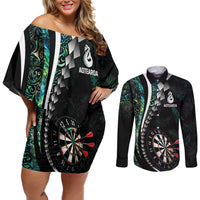 Personalized New Zealand Darts Couples Matching Off Shoulder Short Dress and Long Sleeve Button Shirt Paua Shell Koiri - Manaia LT7 Green - Polynesian Pride