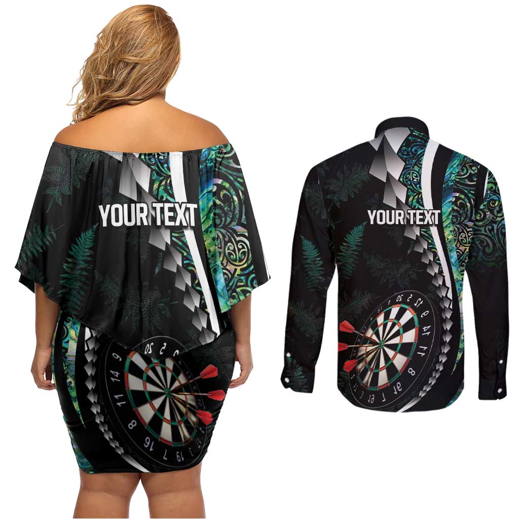 Personalized New Zealand Darts Couples Matching Off Shoulder Short Dress and Long Sleeve Button Shirt Paua Shell Koiri - Manaia LT7 - Polynesian Pride