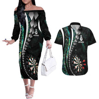 Personalized New Zealand Darts Couples Matching Off The Shoulder Long Sleeve Dress and Hawaiian Shirt Paua Shell Koiri - Manaia LT7 Green - Polynesian Pride