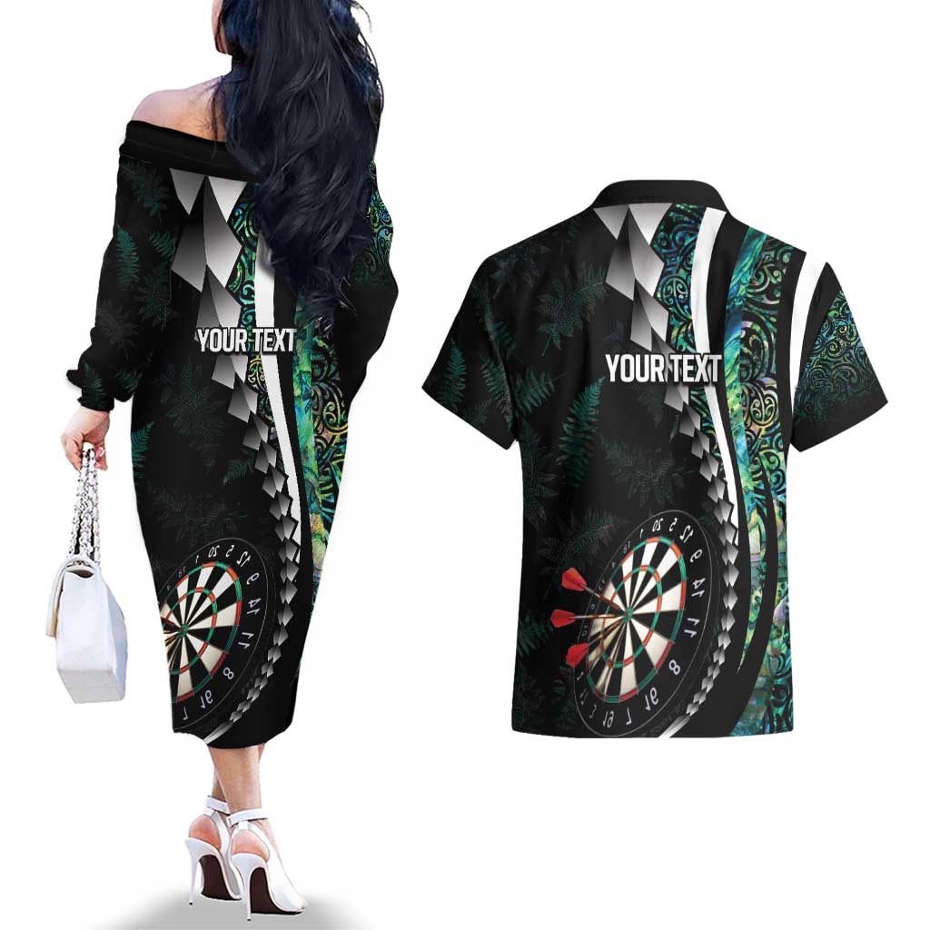 Personalized New Zealand Darts Couples Matching Off The Shoulder Long Sleeve Dress and Hawaiian Shirt Paua Shell Koiri - Manaia LT7 - Polynesian Pride