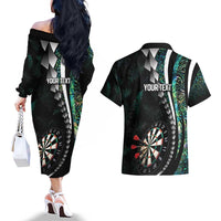 Personalized New Zealand Darts Couples Matching Off The Shoulder Long Sleeve Dress and Hawaiian Shirt Paua Shell Koiri - Manaia LT7 - Polynesian Pride