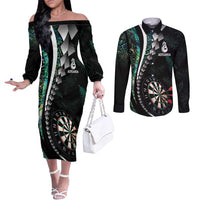 Personalized New Zealand Darts Couples Matching Off The Shoulder Long Sleeve Dress and Long Sleeve Button Shirt Paua Shell Koiri - Manaia LT7 Green - Polynesian Pride