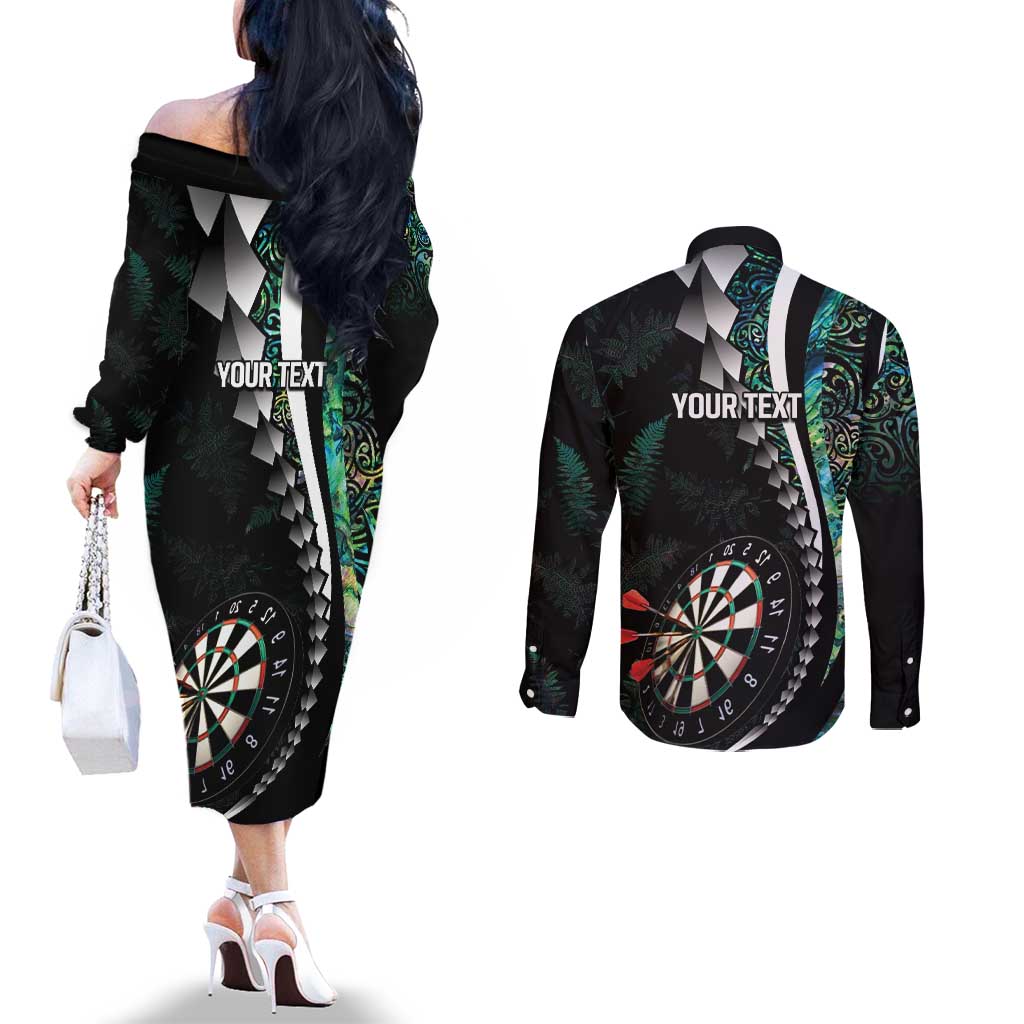 Personalized New Zealand Darts Couples Matching Off The Shoulder Long Sleeve Dress and Long Sleeve Button Shirt Paua Shell Koiri - Manaia LT7 - Polynesian Pride