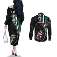 Personalized New Zealand Darts Couples Matching Off The Shoulder Long Sleeve Dress and Long Sleeve Button Shirt Paua Shell Koiri - Manaia LT7 - Polynesian Pride